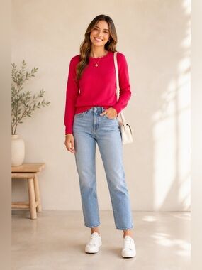 Banana Republic Pink Scallop Neckline Fine Knit Long Sleeve Sweater